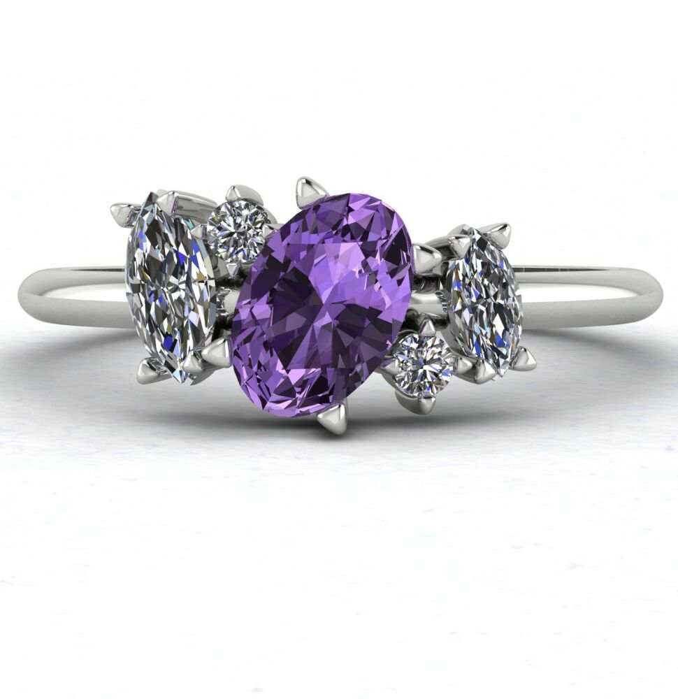 Atlantis: Violet Sapphire & Diamonds Asymmetrical Engagement Ring - White Gold or Platinum
