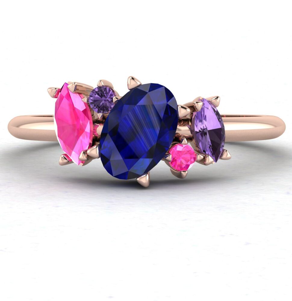 Atlantis Blue Rainbow: Sapphires Asymmetrical Rose Gold Engagement Ring