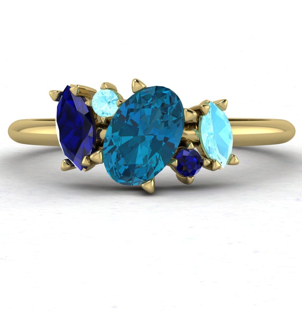 Atlantis Blue Gemstones: Asymmetrical Cluster Ring - 18 Carat Yellow Gold