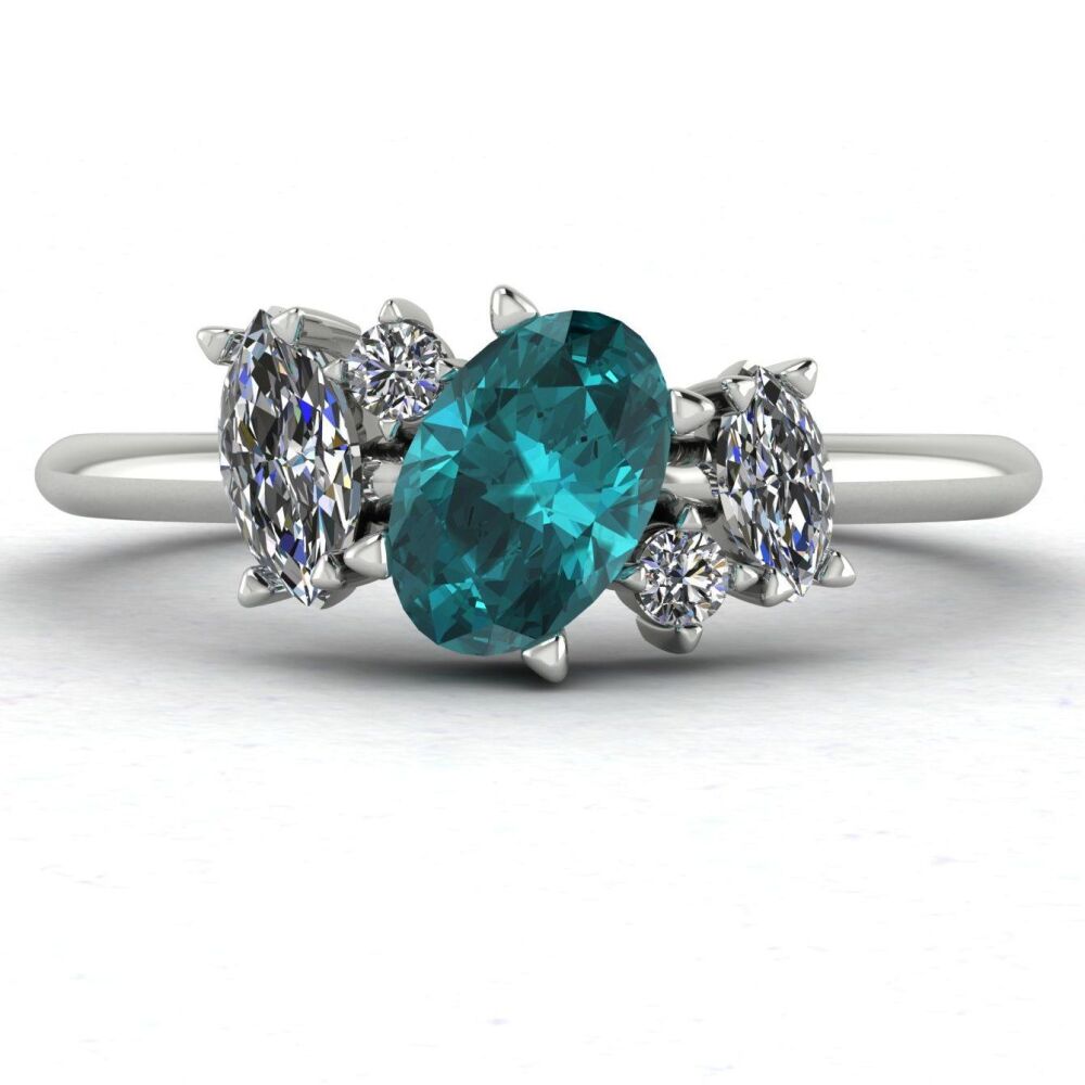 Atlantis: Teal Sapphire & Diamonds Asymmetrical Engagement Ring - White Gold or Platinum