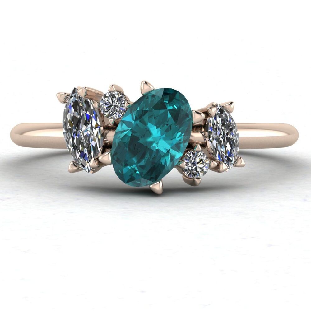 Atlantis: Teal Sapphire & Diamonds Asymmetrical Rose Gold Engagement Ring