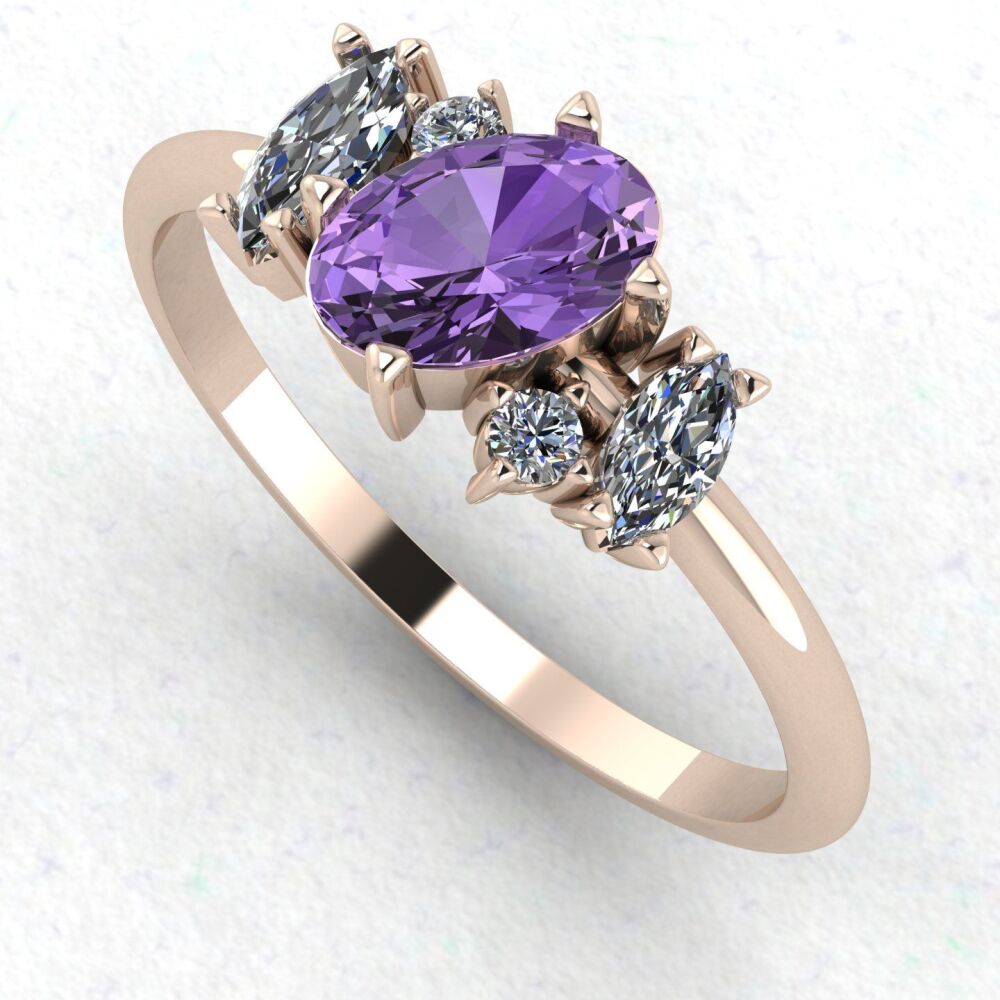 Atlantis: Violet Sapphire & Diamonds Asymmetrical Rose Gold Engagement Ring