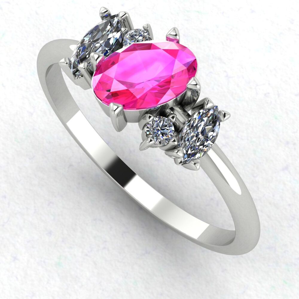 Atlantis: Pink Sapphire & Diamonds Asymmetrical Engagement Ring - White Gold or Platinum
