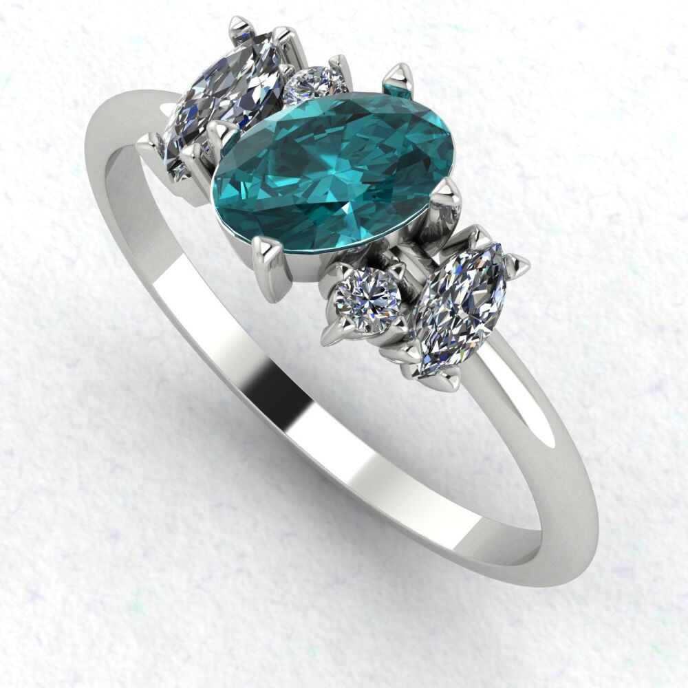 Atlantis: Teal Sapphire & Diamonds Asymmetrical Engagement Ring - White Gold or Platinum