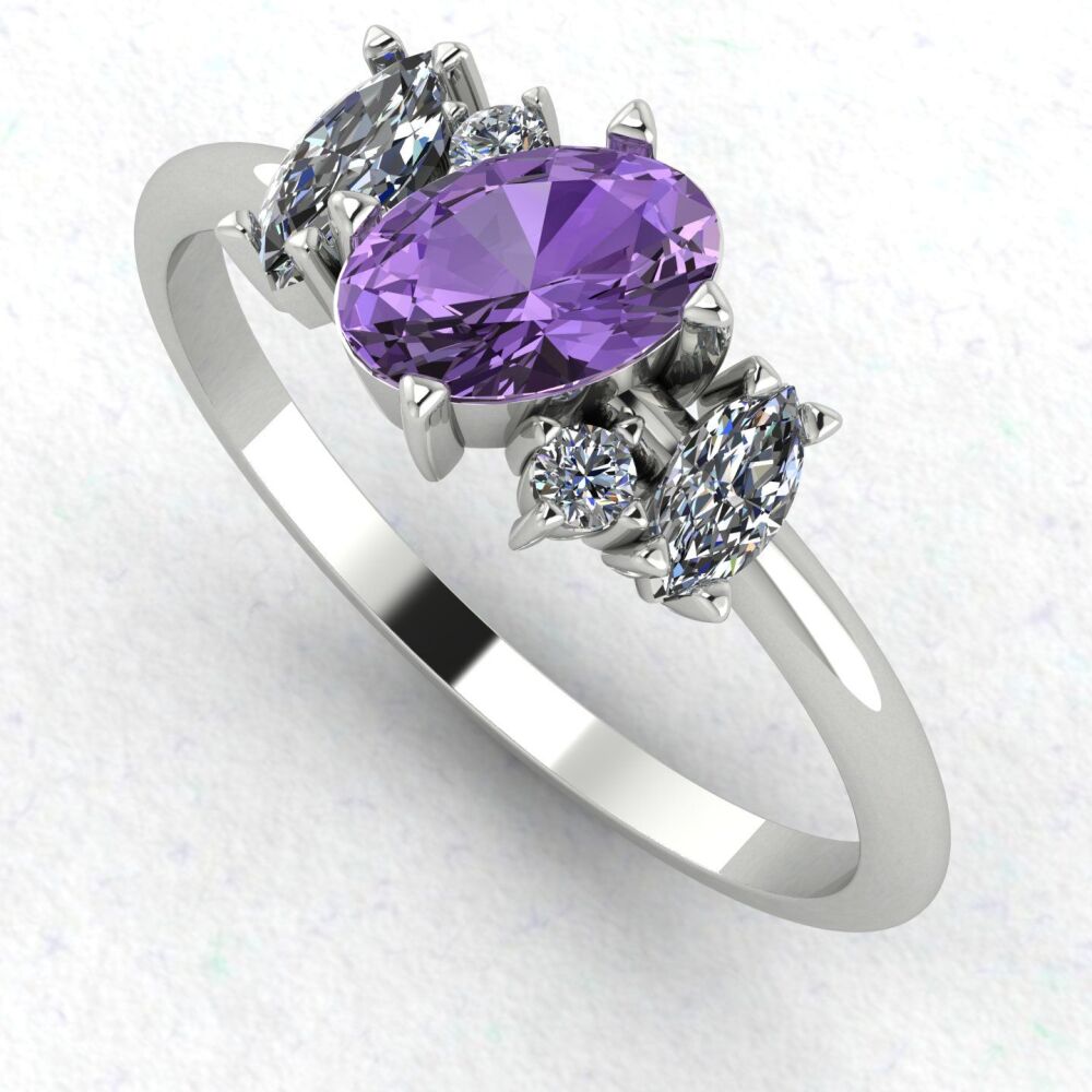 Atlantis: Violet Sapphire & Diamonds Asymmetrical Engagement Ring - White Gold or Platinum