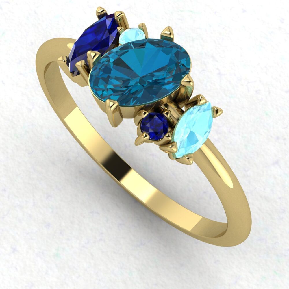 Atlantis Blue Gemstones: Asymmetrical Cluster Ring - 18 Carat Yellow Gold