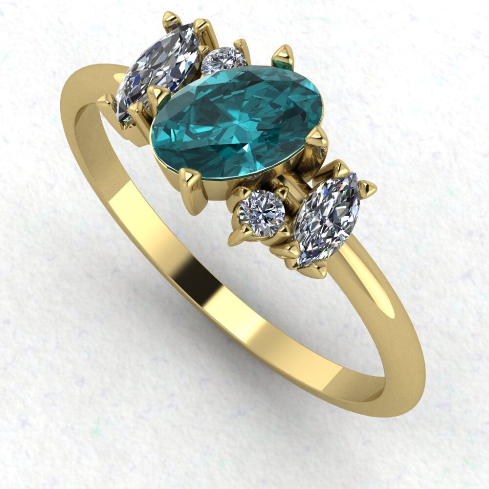 Atlantis: Teal Sapphire & Diamonds Asymmetrical Engagement Ring