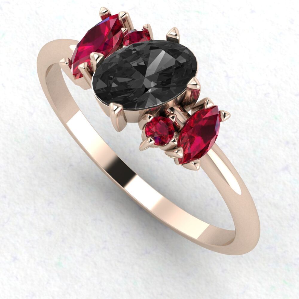 Atlantis: Black Diamond & Rubies, Asymmetrical Cluster Rose Gold Engagement Ring