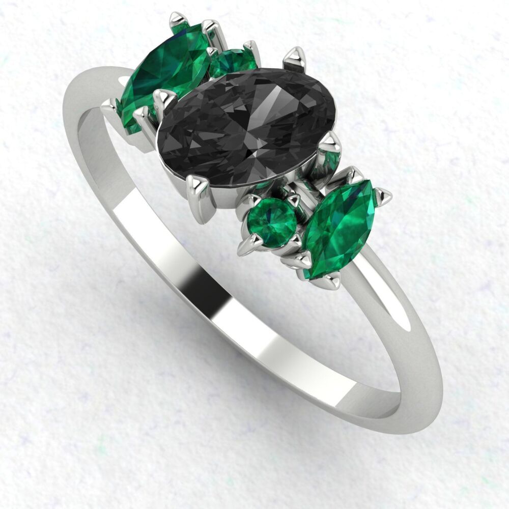 Atlantis: Black Diamond & Emeralds Asymmetrical Cluster Engagement Ring - White Gold or Platinum