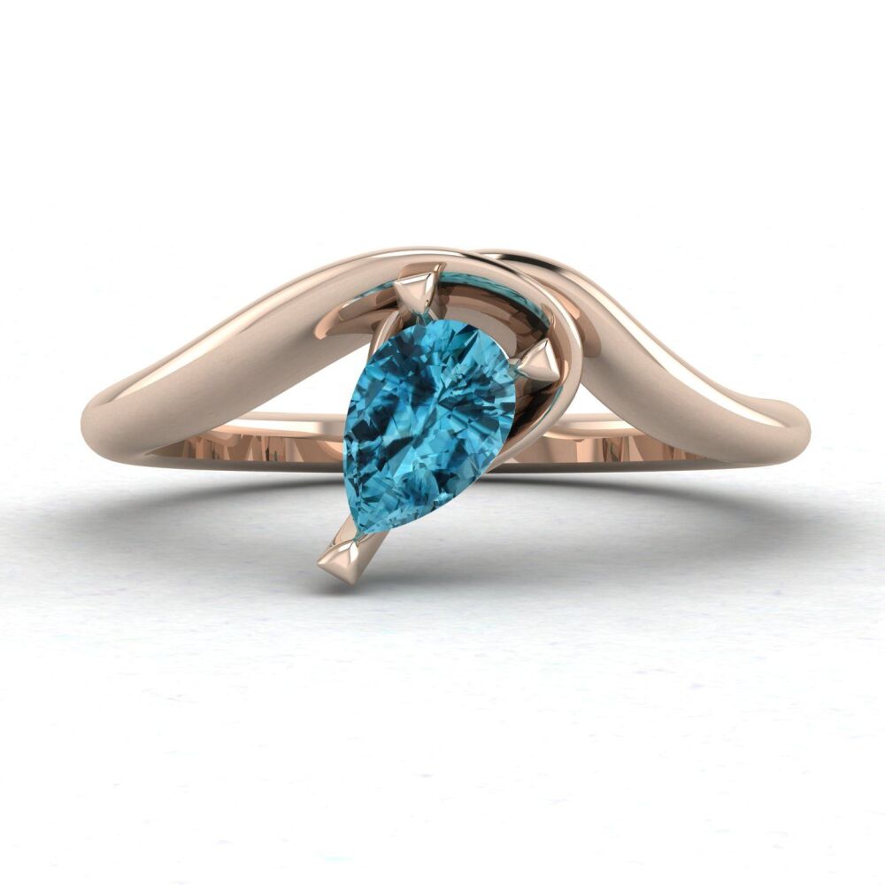 Enchanted: Pear Shaped Blue Zircon Asymmetrical Solitaire Rose Gold Ring