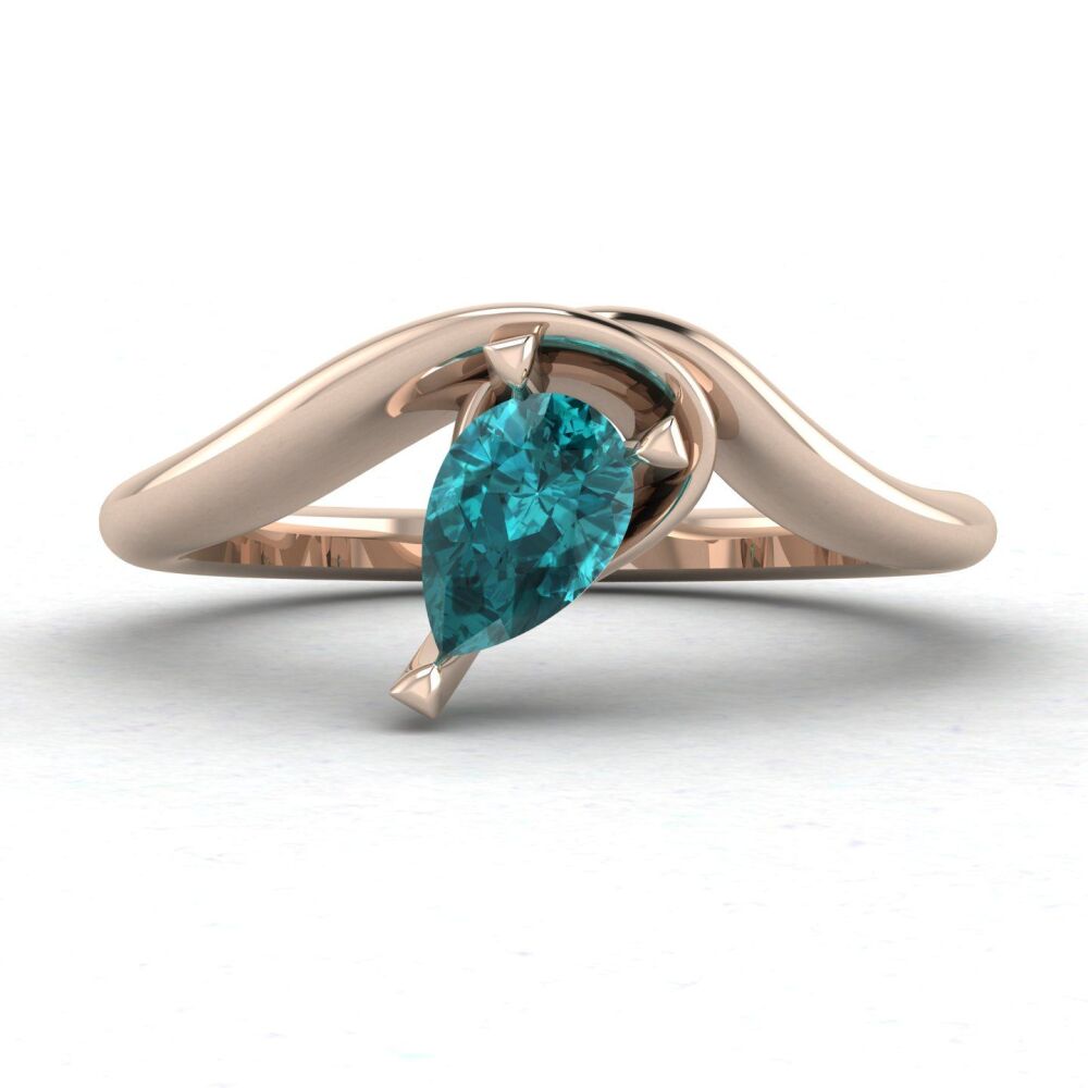 Enchanted Pear Shaped Solitaire Teal Sapphire Asymmetrical Rose Gold Ring
