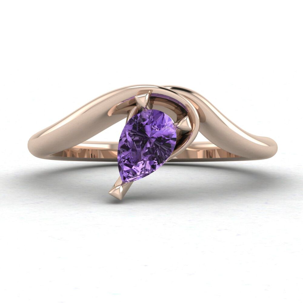 Enchanted Pear Shaped Solitaire Violet Sapphire Asymmetrical Rose Gold Ring