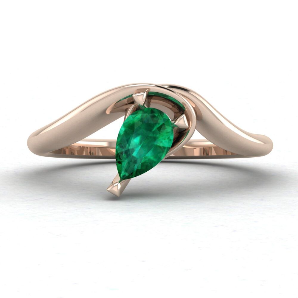 Enchanted Pear Shaped Emerald Asymmetrical Solitaire Engagement Ring in 18ct Rose Gold