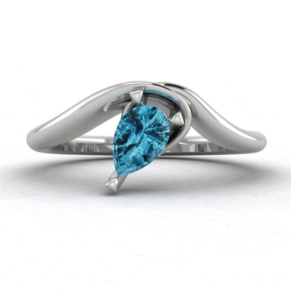 Enchanted: Pear Shaped Blue Zircon Asymmetrical Solitaire White Gold Ring or Platinum
