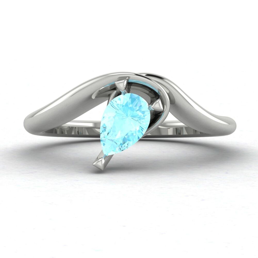 Enchanted: Pear Shaped Solitaire Aquamarine Asymmetrical White Gold or Platinum Ring