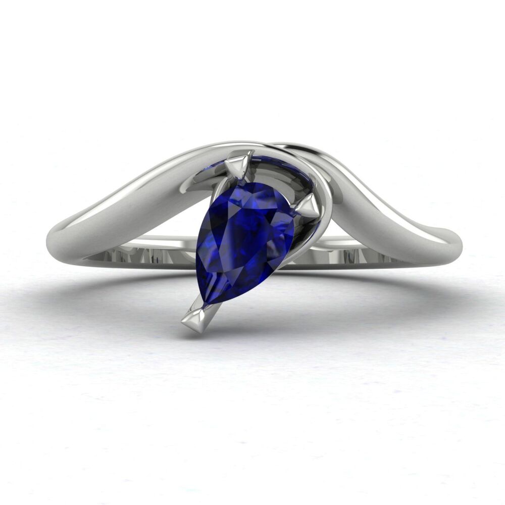Enchanted: Pear Shaped Solitaire Blue Sapphire Asymmetrical White Gold or Platinum Ring