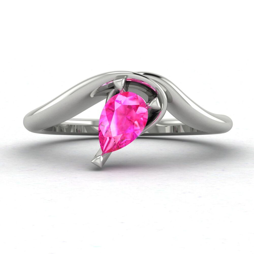 Enchanted: Pear Shaped Solitaire Pink Sapphire Asymmetrical White Gold or Platinum Ring