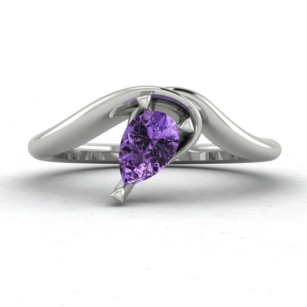Enchanted: Pear Shaped Solitaire Violet Sapphire Asymmetrical White Gold or Platinum Ring