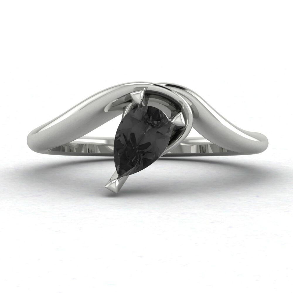 Enchanted Pear Shaped Black Diamond Asymmetrical Solitaire Engagement Ring in Platinum or 18ct White Gold