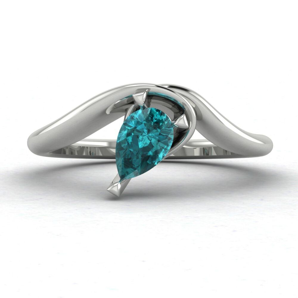 Enchanted Pear Shaped Solitaire Teal Sapphire Asymmetrical White Gold or Platinum Ring