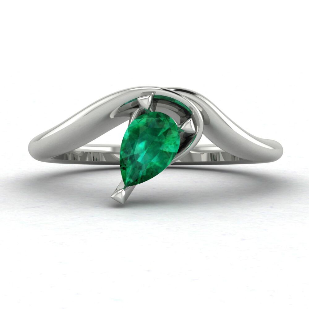 Enchanted Pear Shaped Emerald Asymmetrical Solitaire Engagement Ring in Platinum or 18ct White Gold