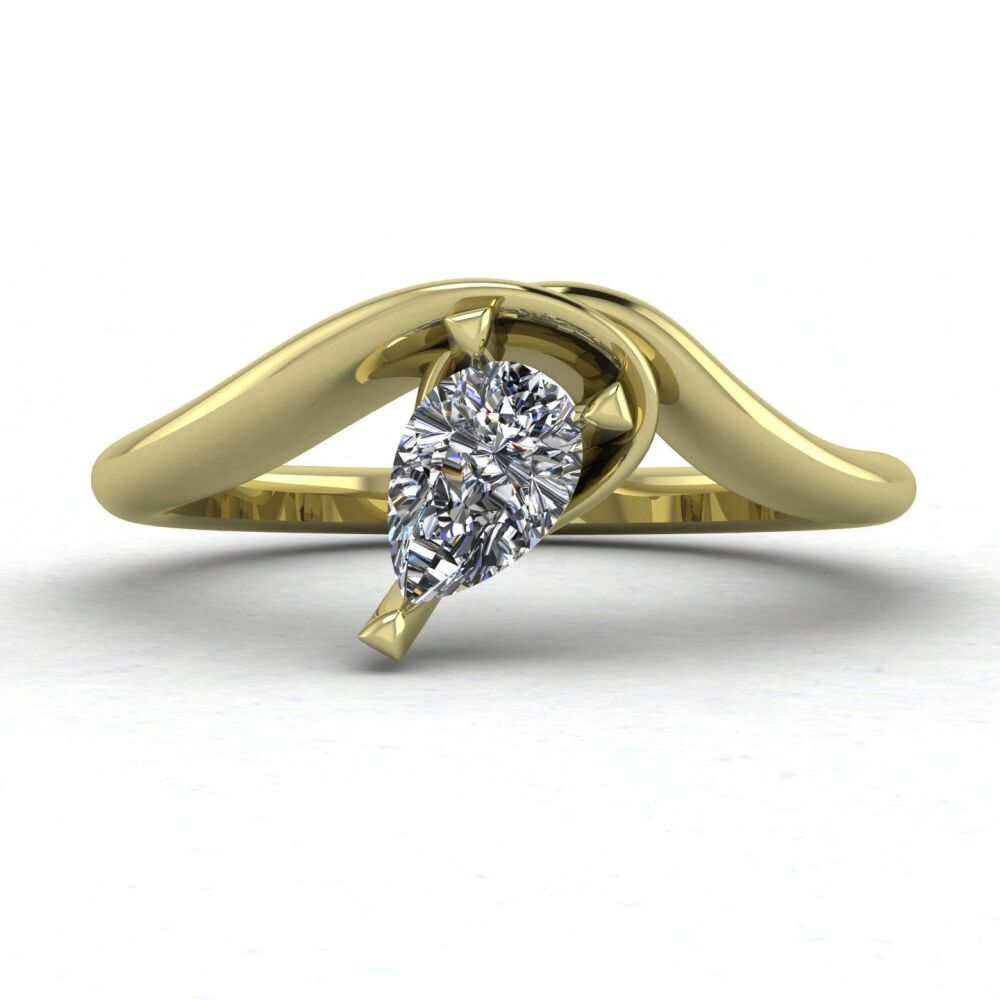 Enchanted: Pear Shaped Solitaire Diamond Asymmetrical Yellow Gold Ring