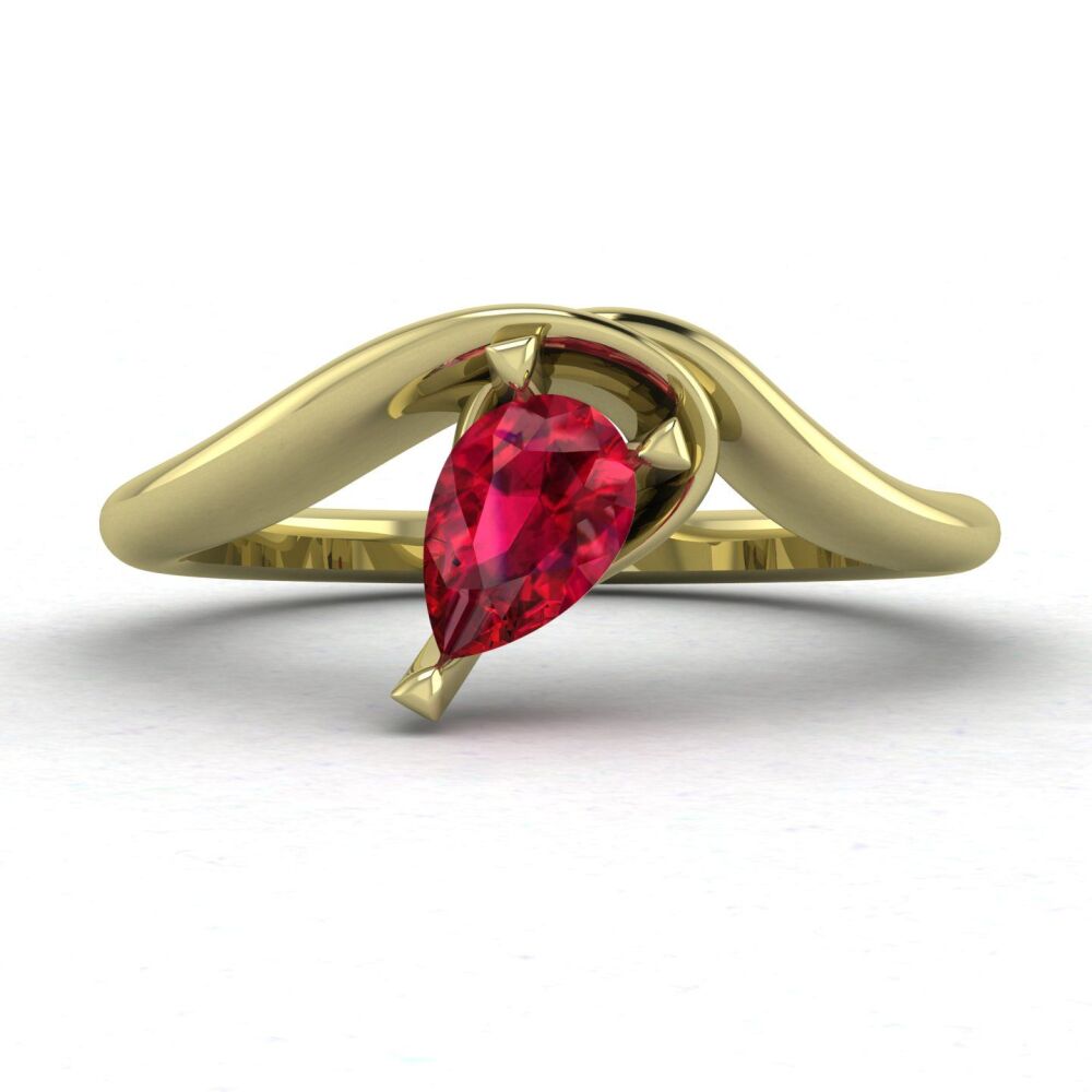 Enchanted: Pear Shaped Solitaire Ruby Asymmetrical Yellow Gold Ring