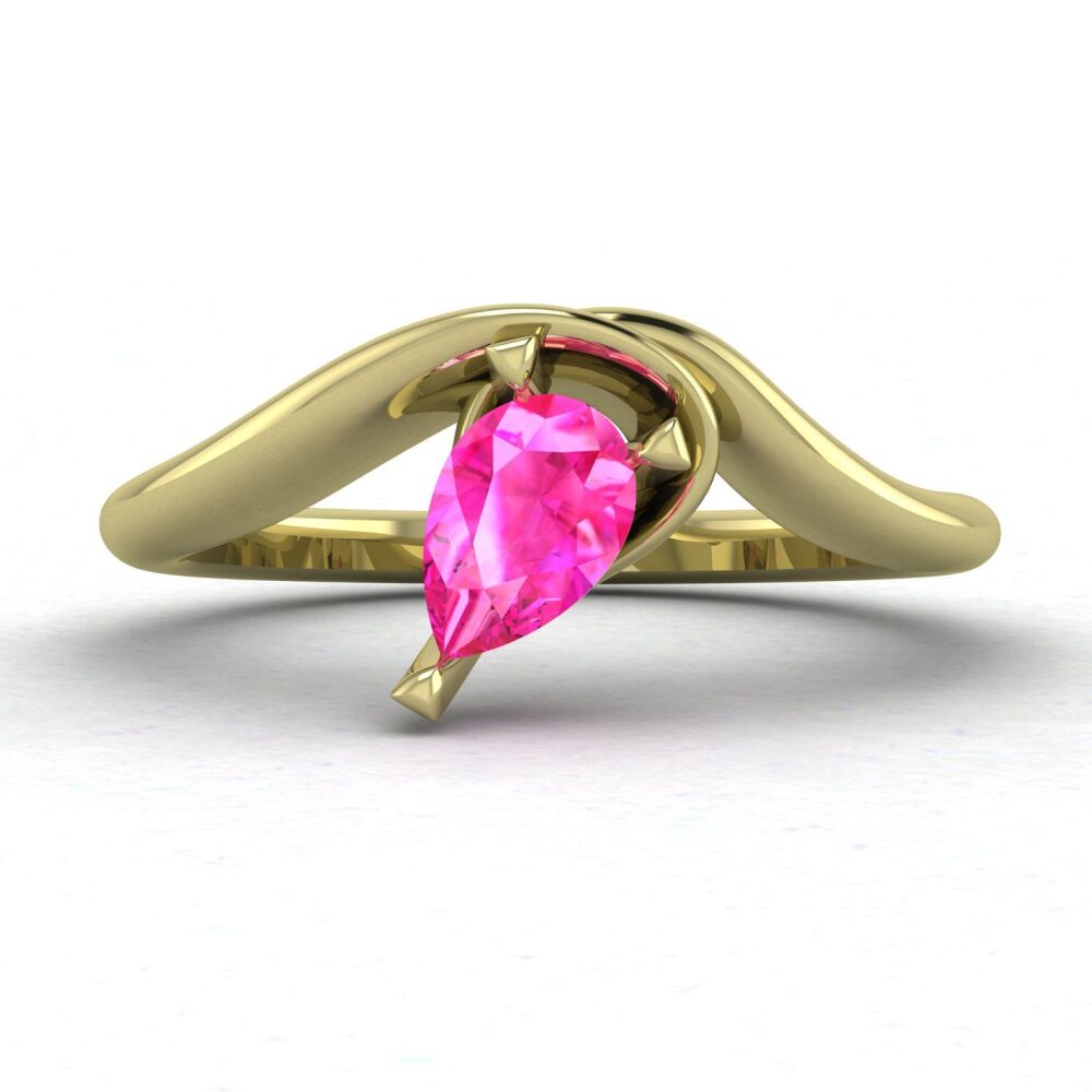 Enchanted Pear Shaped Solitaire Pink Sapphire Asymmetrical Yellow Gold Ring