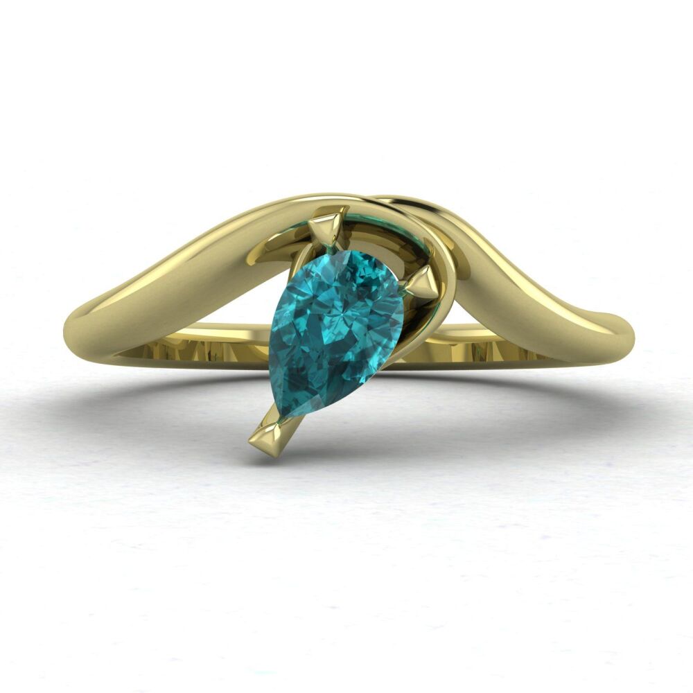 Enchanted Pear Shaped Solitaire Teal Sapphire Asymmetrical Yellow Gold Ring