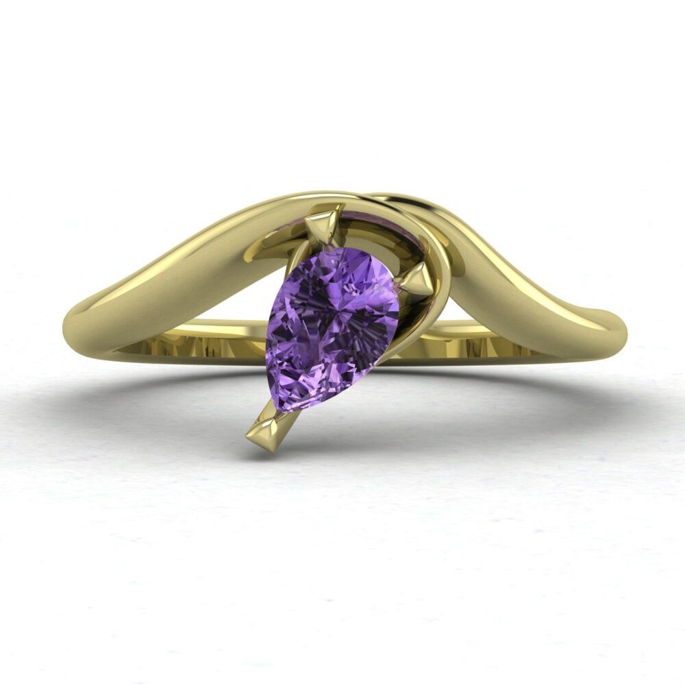 Enchanted Pear Shaped Solitaire Violet Sapphire Asymmetrical Yellow Gold Ring