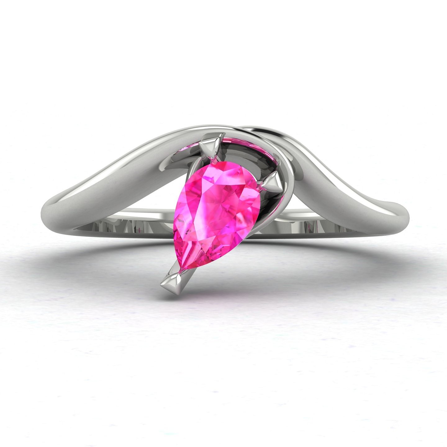 Pink sapphire pear shaped asymmetrical engagement ring - white gold
