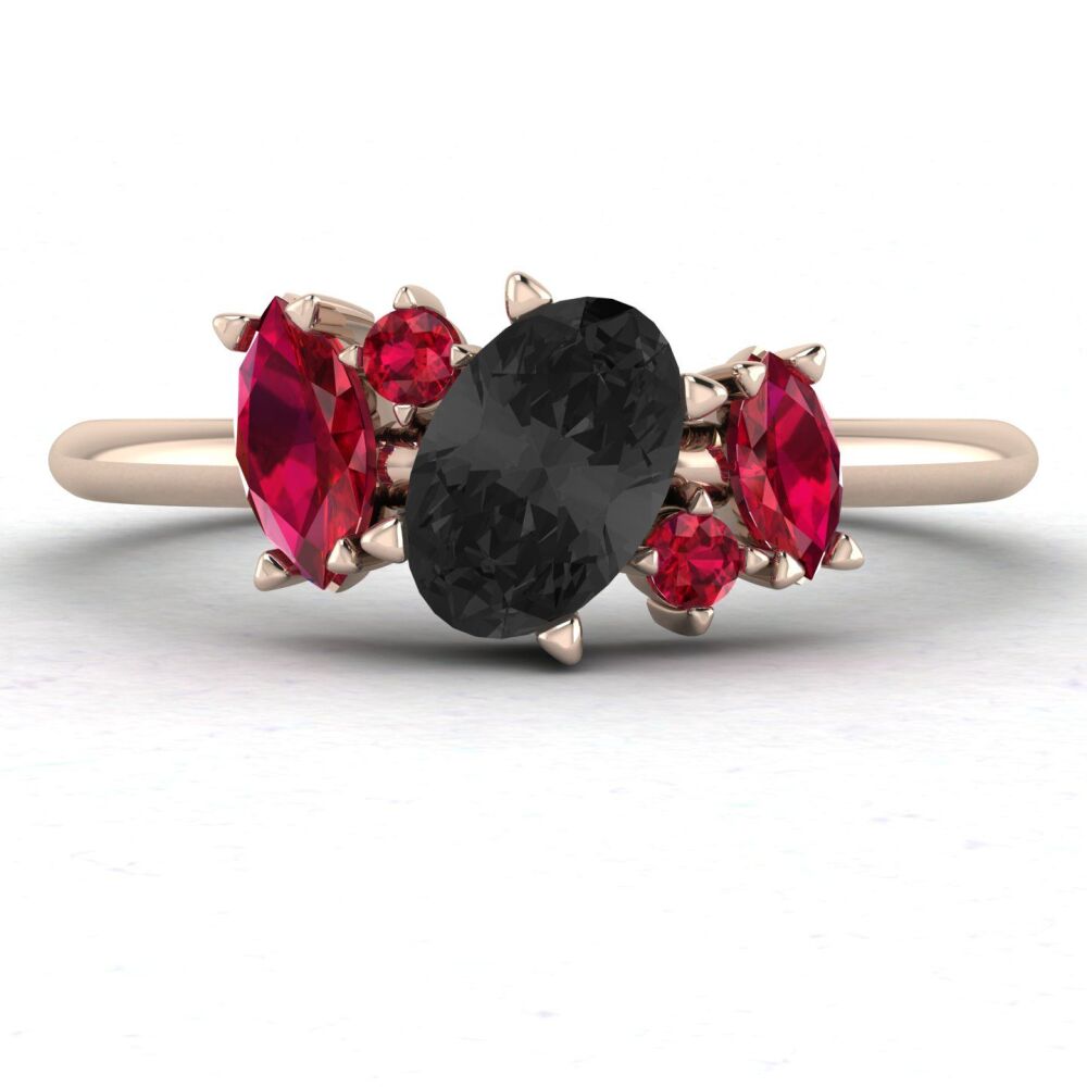 Atlantis: Black Diamond & Rubies, Asymmetrical Cluster Rose Gold Engagement Ring