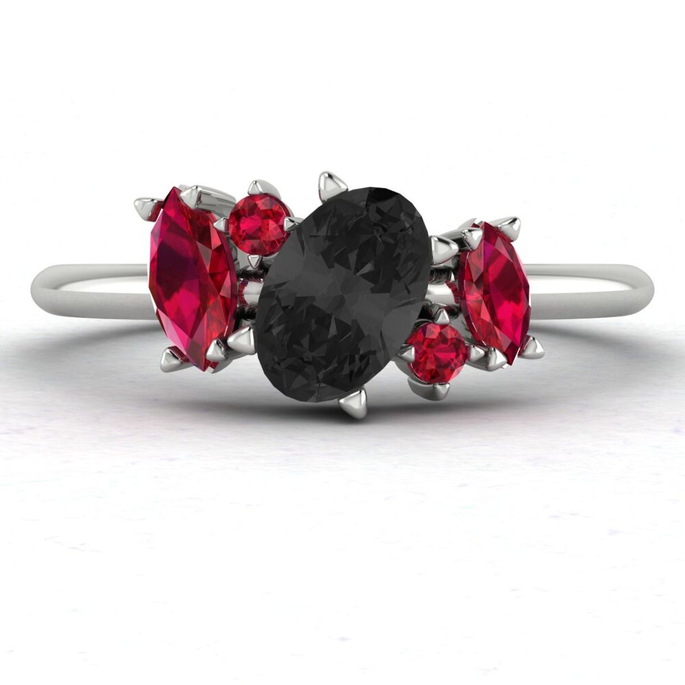 Atlantis: Black Diamond & Ruby Asymmetrical Cluster Engagement Ring - White Gold Or Platinum