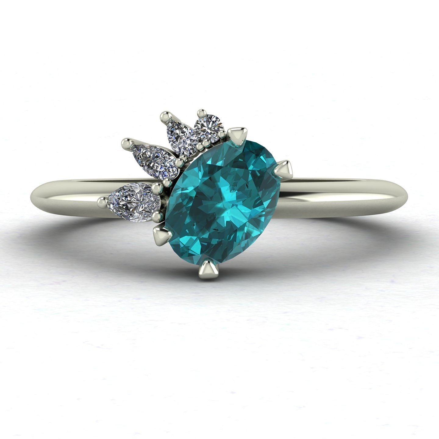 Oval teal sapphire asymmetrical white gold engagement ring