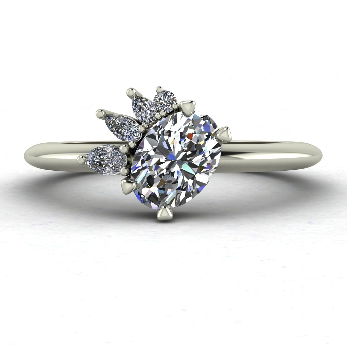 Oval diamond off set asymmetrical diamond white gold engagement ring
