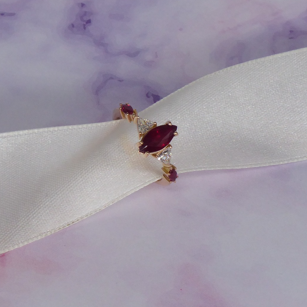 Maisie marquise ruby and diamond rose gold engagement ring