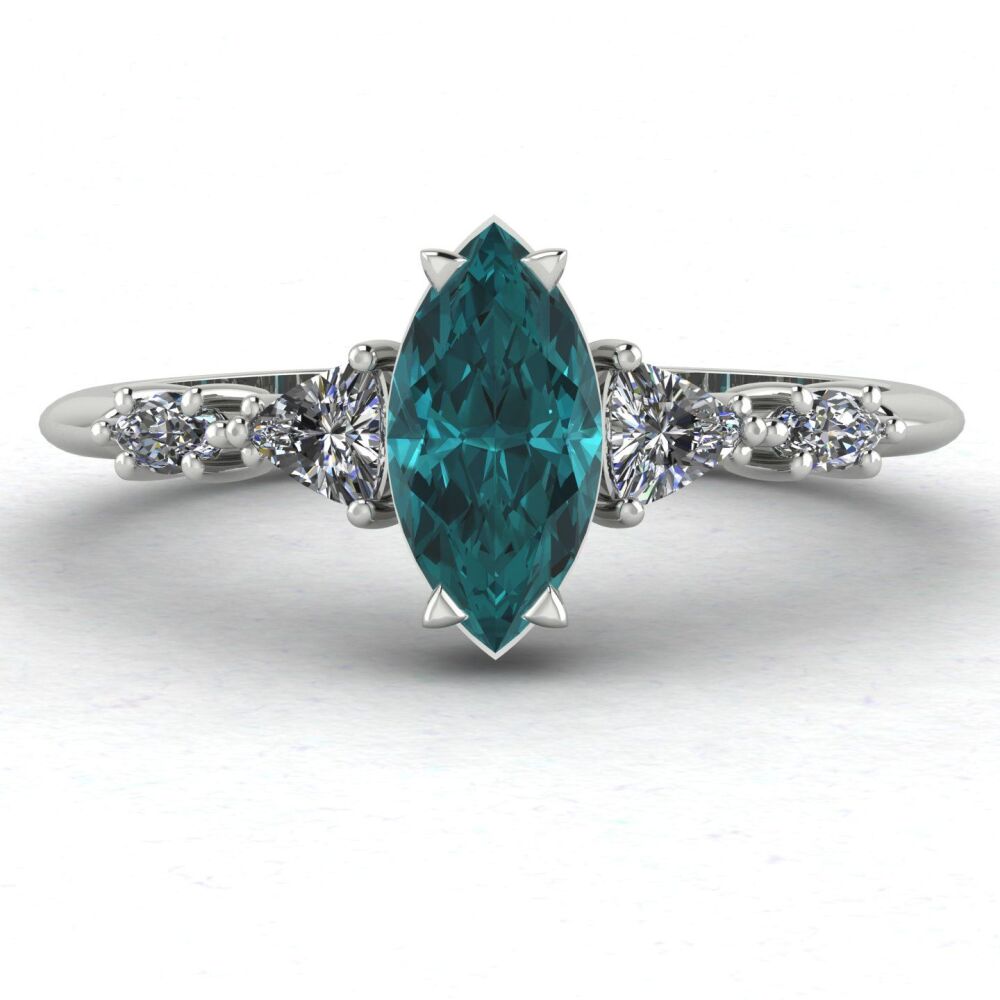 Maisie Marquise: Teal Sapphire & Diamonds, White Gold Engagement Ring