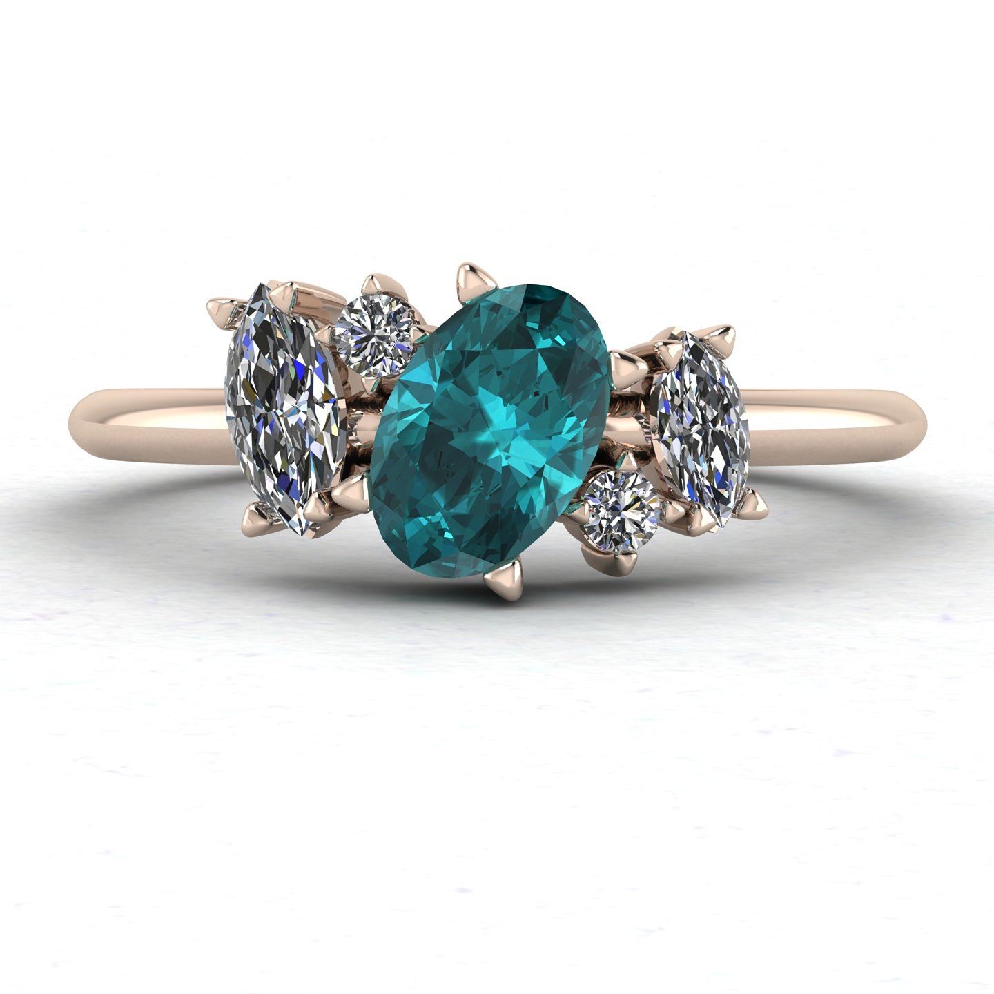 Teal Sapphire and diamond asymmetrical rose gold cluster engagement ring