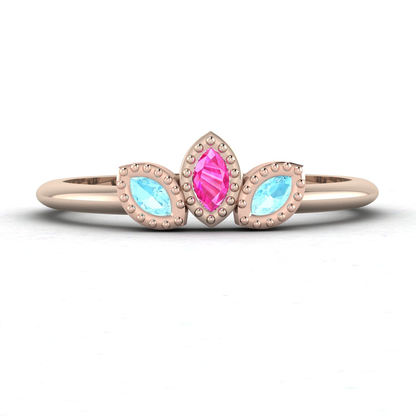 Marquise pink sapphire and aquamarine rose gold engagement ring