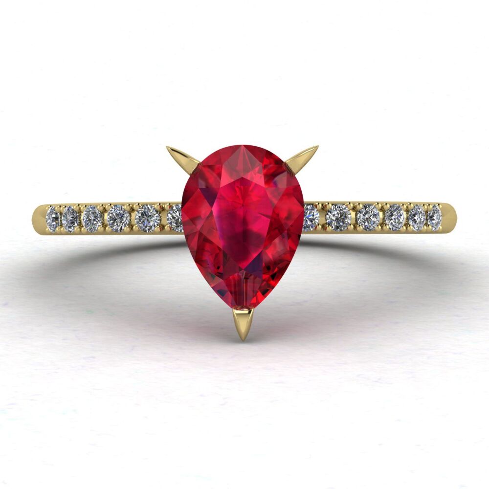 Calista: Pear Shaped Ruby & Diamond 18 Carat Yellow Gold Ring