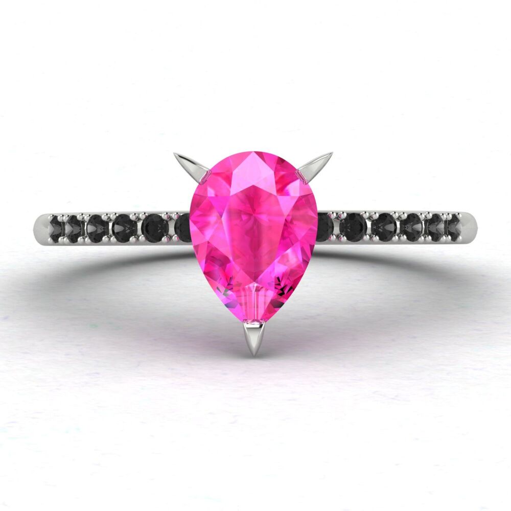 Calista: Pear Shaped Pink Sapphire & Black Diamonds - White Gold or Platinum Ring