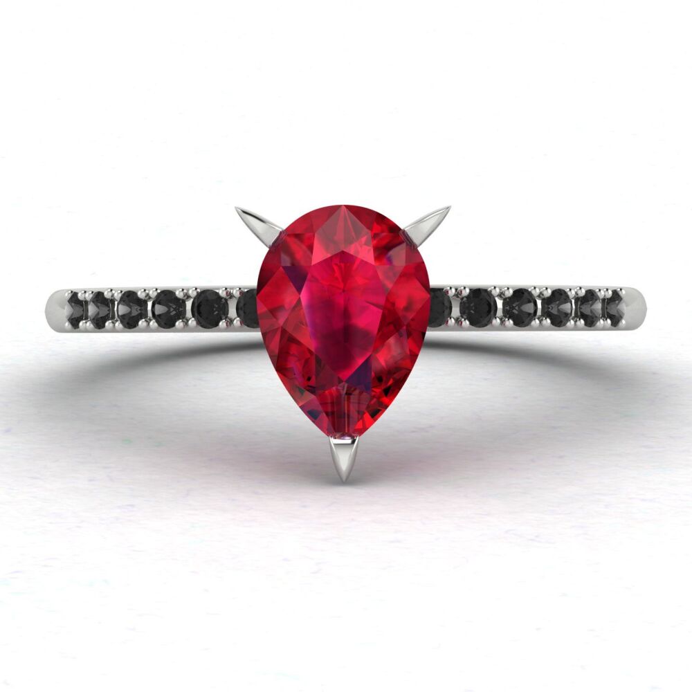 Calista: Pear Shaped Ruby & Black Diamonds - White Gold or Platinum Ring