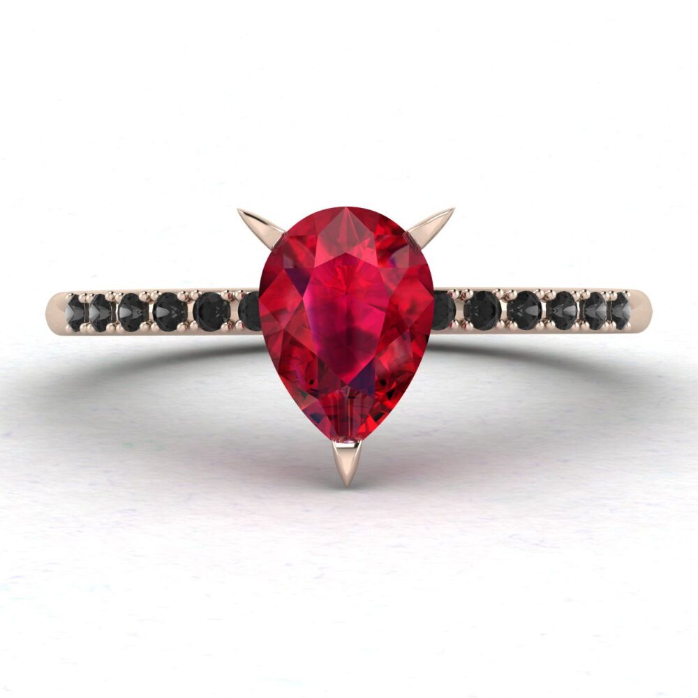 Calista: Pear Shaped Ruby & Black Diamonds  - Rose Gold Ring