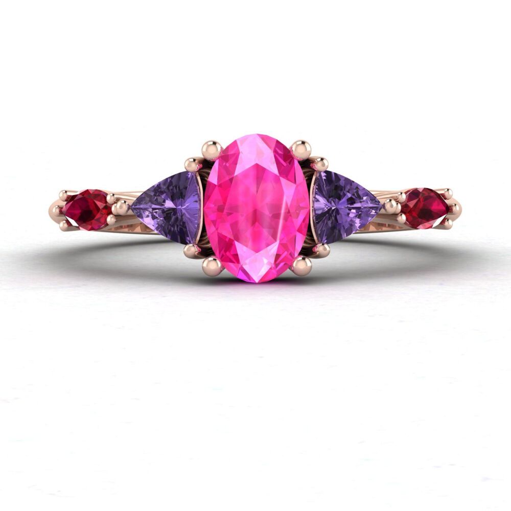 Maisie  - Shades of Pink, Oval Pink Sapphire with Violet Sapphires, Rubies Rose Gold Ring