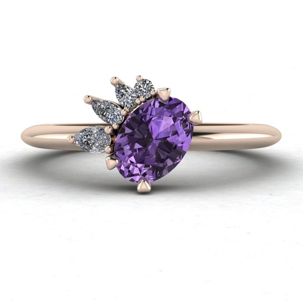 Selene - Oval Violet Sapphire & Diamonds Asymmetrical Cluster Engagement Ring - Rose Gold