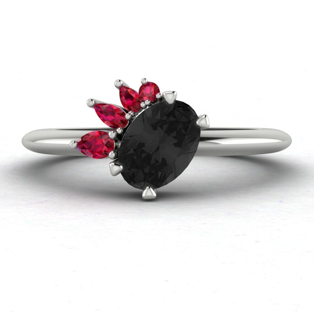 Selene - Oval Black Diamond & Ruby Engagement Ring - White Gold or Platinum