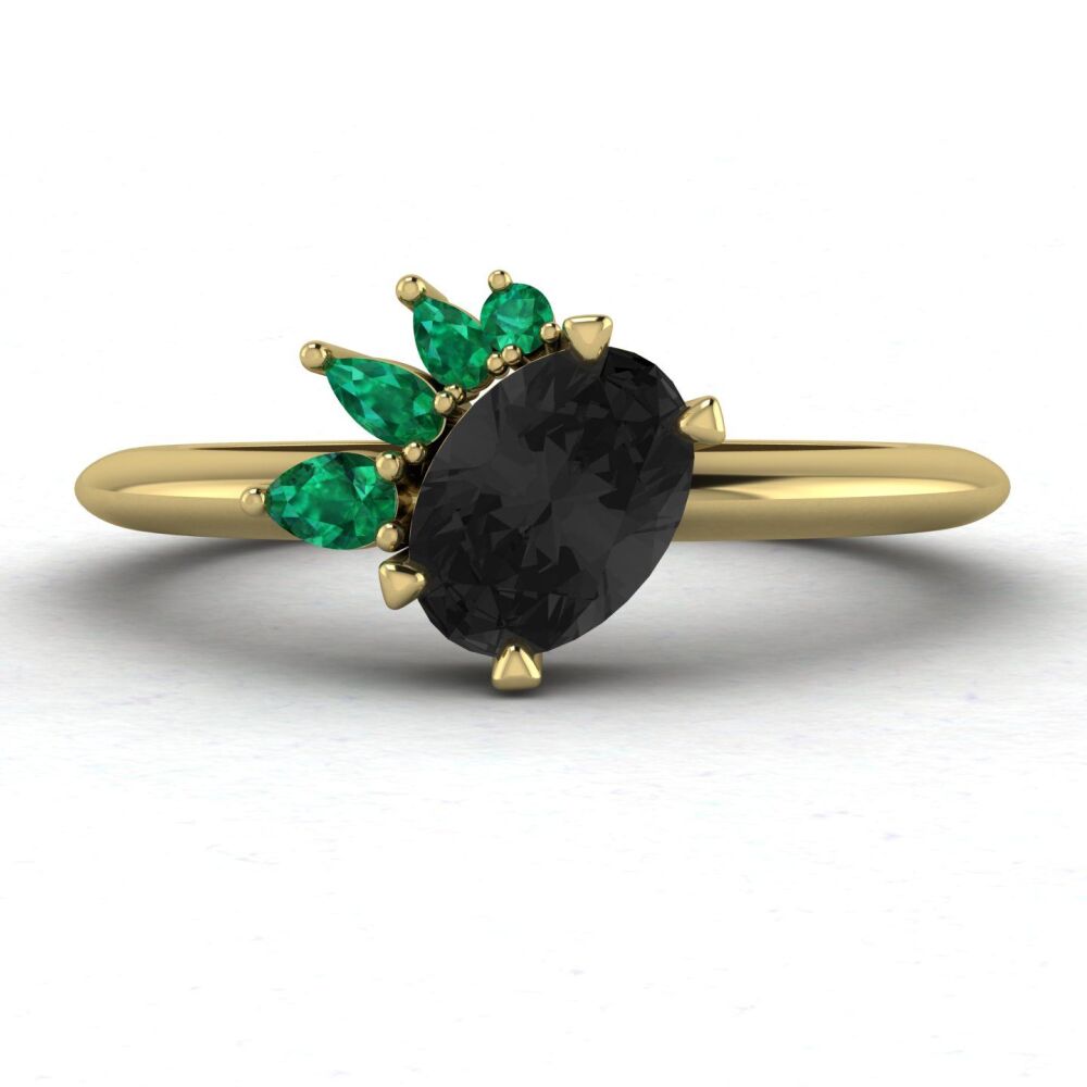 Selene - Oval Black Diamond & Emerald Engagement Ring - Yellow Gold