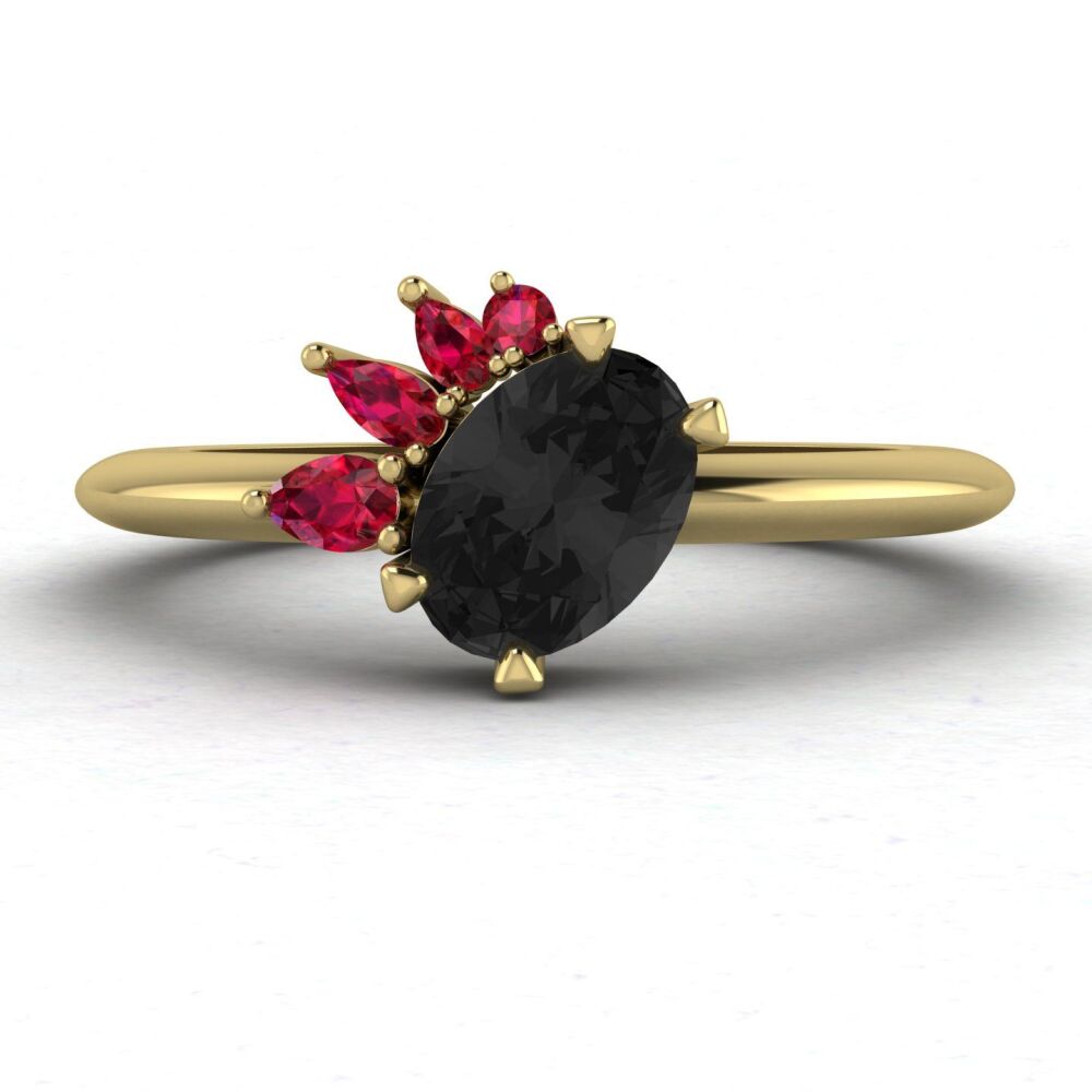 Selene - Oval Black Diamond & Ruby Engagement Ring - Yellow Gold