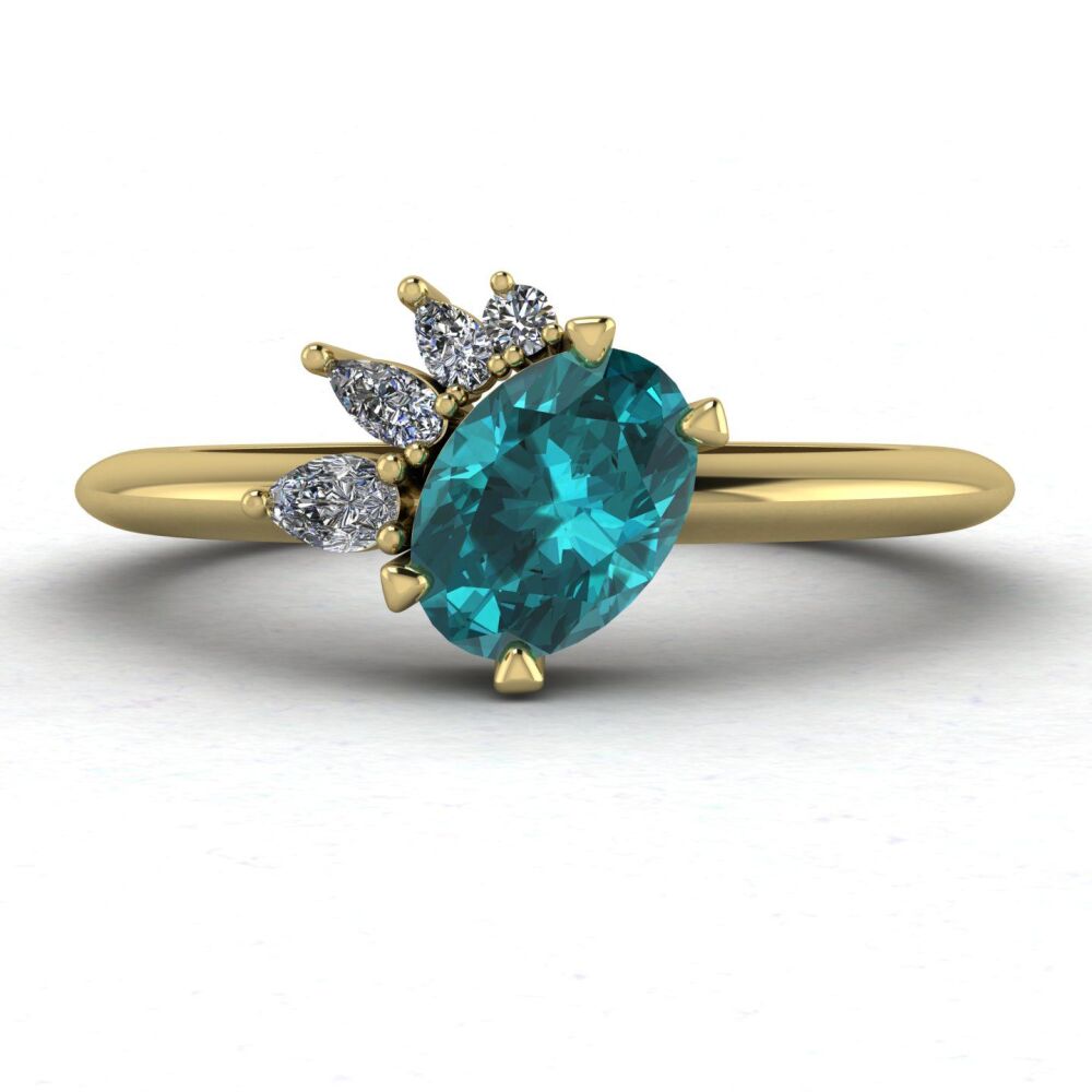 Selene - Oval Teal Sapphire & Diamonds Asymmetrical Cluster Gold Engagement Ring