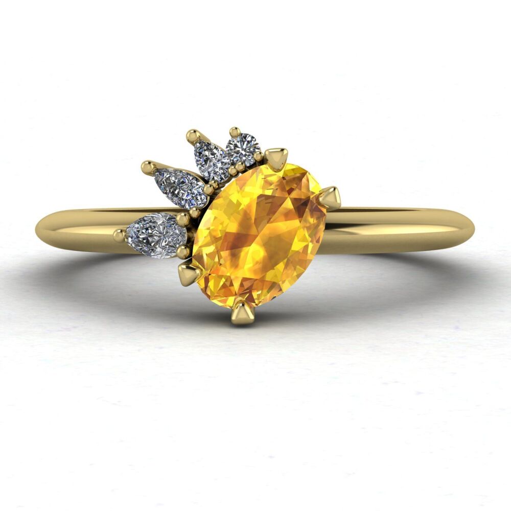 Selene - Oval Yellow Sapphire & Diamonds Asymmetrical Cluster Engagement Ring - Yellow Gold
